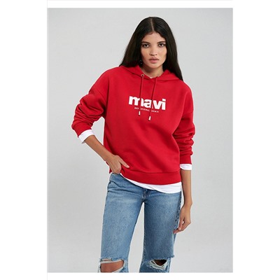 MaviLogo Baskılı Kapüşonlu Kırmızı Sweatshirt 168334-35476