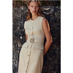 LINEN BLEND BUCKLE MIDI DRESS