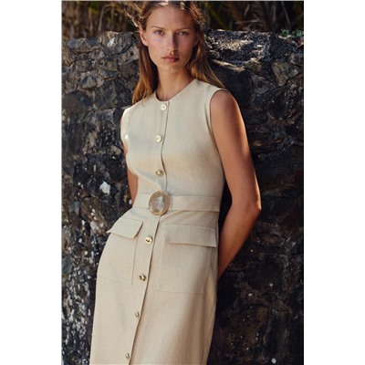 LINEN BLEND BUCKLE MIDI DRESS