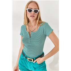 Olalook, Kadın İnce Çizgili Çimen Çıtçıtlı Kaşkorse Bluz  BLZ-19000171