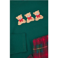 Yeşil %100 Pamuklu Ayıcıklı Ekoseli Örme Pijama Takımı TBBAW26AI00034