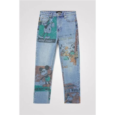 Pantalón vaquero straight cropped Mickey Mouse