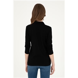 Kadın Siyah Basic Polo Yaka Sweatshirt