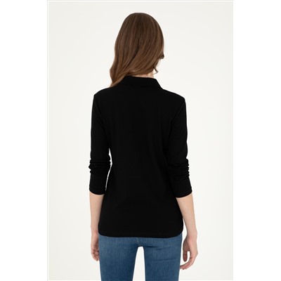 Kadın Siyah Basic Polo Yaka Sweatshirt