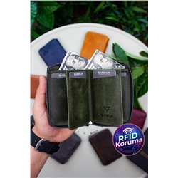 Garbalia, Fargo Vintage Deri Rfid Engelleyici Fermuarlı Yeşil Unisex Kartlık Cüzdan