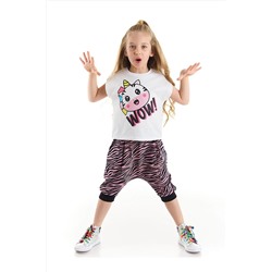 Denokids Zebracorn Kız Çocuk Beyaz T-shirt Zebra Desenli Pembe Kapri Şort Takım CFF-22Y1-039