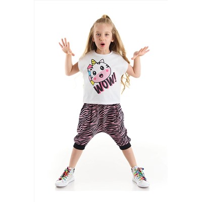 Denokids Zebracorn Kız Çocuk Beyaz T-shirt Zebra Desenli Pembe Kapri Şort Takım CFF-22Y1-039