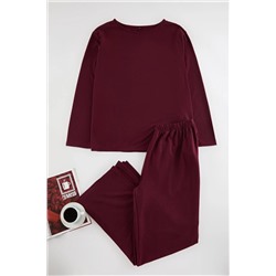 Bordo Paçaları Yırtmaçlı Örme Pijama Takımı TBBAW23AI00055