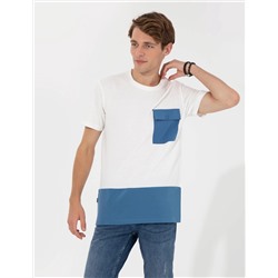 Ekru Slim Fit Baskılı Bisiklet Yaka Tişört