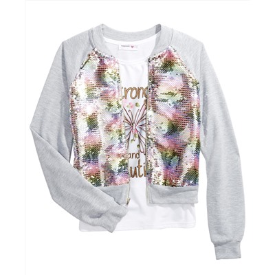 Beautees Big Girls 2-Pc. Flip Sequins Bomber Jacket & Butterfly Tank Top Set