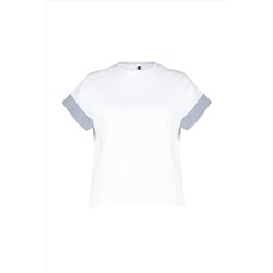 Beyaz Oversize Kolda Çizgili Poplin Kumaş Detaylı %100 Pamuk Örme Büyük Beden T-Shirt TBBSS24BF00001