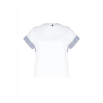 Beyaz Oversize Kolda Çizgili Poplin Kumaş Detaylı %100 Pamuk Örme Büyük Beden T-Shirt TBBSS24BF00001