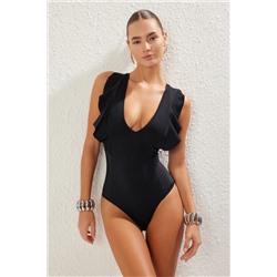 TRENDYOLMİLLA Siyah Derin V Yaka Fırfırlı Regular Mayo TBESS25MA00069