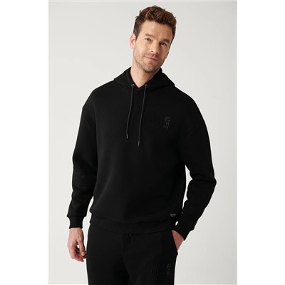 Avva Erkek Siyah Kapüşonlu Yaka Gofre Baskılı Şardonlu 3 İplik Comfort Fit Rahat Kesim Sweatshirt A32Y119 A32Y1190