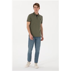Erkek Slim Fit Polo Yaka Koyu Haki Basic Tişört