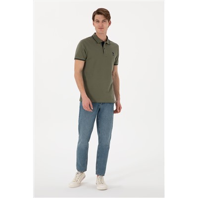 Erkek Slim Fit Polo Yaka Koyu Haki Basic Tişört