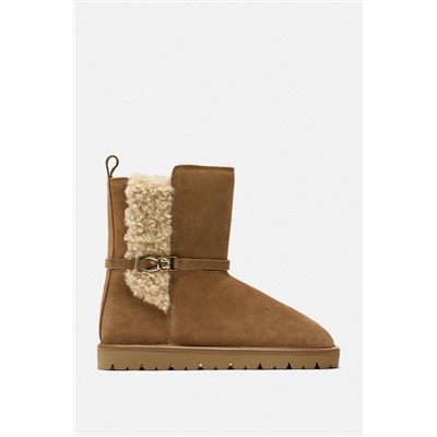 FAUX SHEARLING AND LEATHER FLAT ANKLE BOOTS