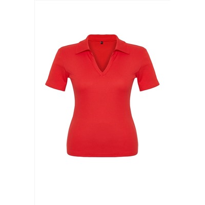 Kırmızı Polo Yaka Vücuda Oturan Fitilli Örme Bluz TBBSS22BZ0750
