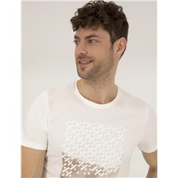 Ekru Slim Fit Baskılı Bisiklet Yaka Tişört