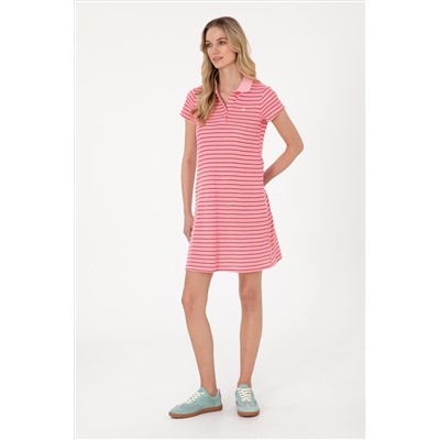 Kadın Pembe Çizgili Polo Yaka Mini Boy Örme Elbise