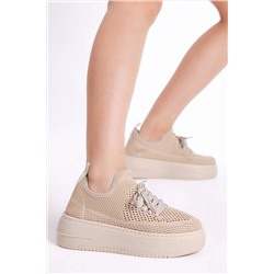 Tonny Black Kadın Bej Rahat Kalıp Yüksek Taban Bağcıklı Triko Sneaker TBHMTSRS065