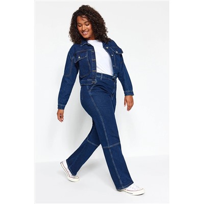 Trendyol Curve Koyu Mavi Yüksek Bel Kargo Cepli Straight Fit Jeans TBBAW24CJ00011