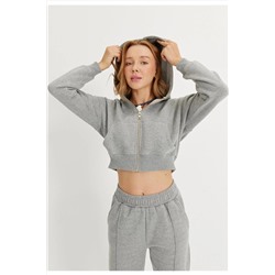 TUBİAKadın Gri Renk Kapüşonlu Şardonlu Crop Sweatshirt Hırka
