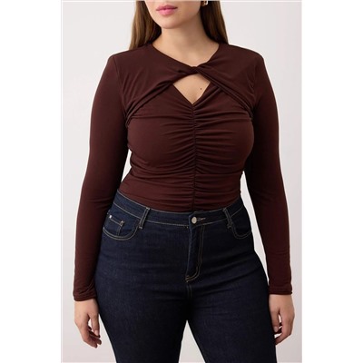 Kahverengi Alttan Çıtçıtlı Örme Büyük Beden Body TBBAW26CS00004