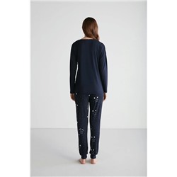 U.S. Polo Assn. Kadın %100 Pamuklu Lacivert Yıldız Desenli Yuvarlak Yaka Dar Paça 2'li Pijama Takımı 26979