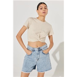 Lee, Bisiklet Yaka Ekru Kadın Crop T-shirt