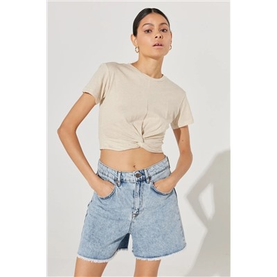 Lee, Bisiklet Yaka Ekru Kadın Crop T-shirt