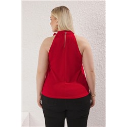 Kırmızı Halter Yaka Bağlama Detaylı Örme Büyük Beden Bluz TBBSS25AF00007