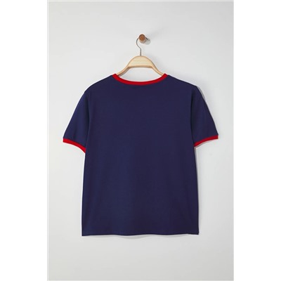 Lacivert Bisiklet Yaka Basklı Örme Büyük Beden T-Shirt TBBSS25BF00014