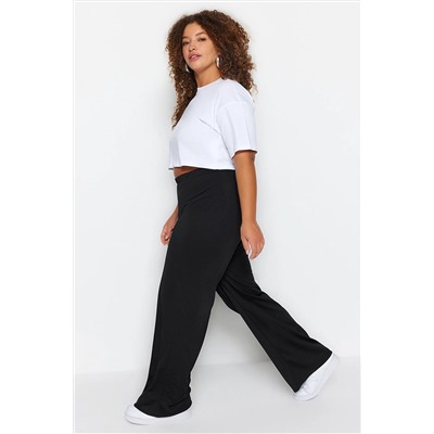 Trendyol Curve Siyah Wideleg Örme Krep Yüksek Bel Nervürlü Pantolon TBBSS23AR00021
