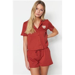 TRENDYOLMİLLA Tarçın Ayıcık Nakışlı Gömlek-Şort Örme Pijama Takımı THMSS23PT00012