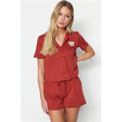 TRENDYOLMİLLA Tarçın Ayıcık Nakışlı Gömlek-Şort Örme Pijama Takımı THMSS23PT00012