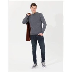 Antrasit Melanj Slim Fit Çeyrek Yaka Basic Triko Kazak
