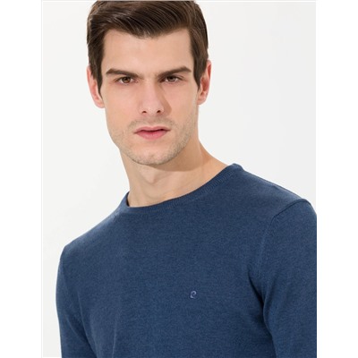 İndigo Melanj Slim Fit Bisiklet Yaka Basic Triko Kazak