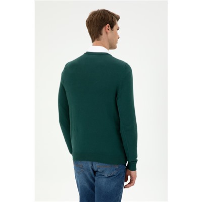 Erkek Slim Fit V Yaka Koyu Yeşil Basic Kazak