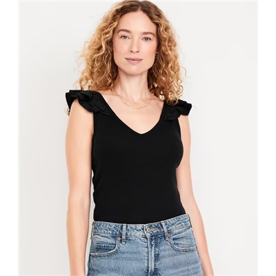 Ruffle-Trim Mixed Material Top