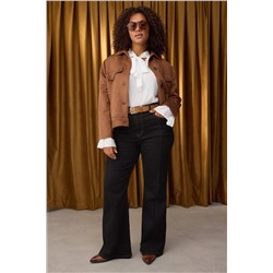 Özel Koleksiyon Siyah Yüksek Bel Nervürlü İspanyol Paça Büyük Beden Flare Jeans TBBAW26CJ00013