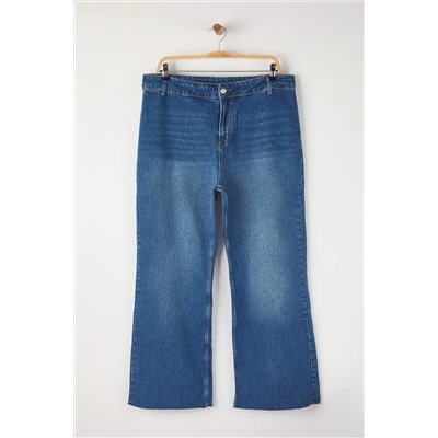 Mavi Yüksek Bel Paçası Kesikli Straight Fit Denim Büyük Beden Jeans TBBAW26CJ00033