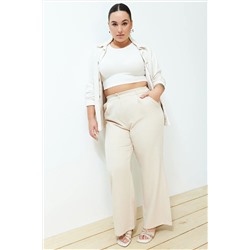 Taş Yüksek Bel Wide Leg Geniş Paça Pilili Dokuma Kumaş Pantolon TBBSS24AR00019