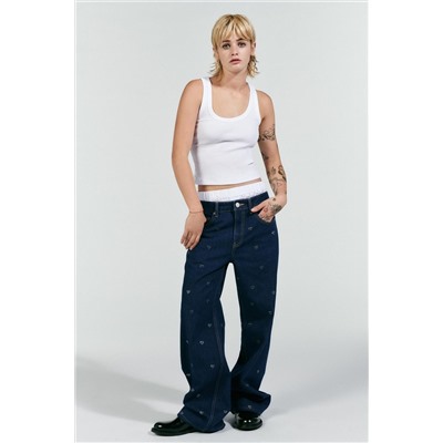 TRF WIDE-LEG RHINESTONE HEART MID-WAIST JEANS