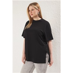 Trendyol Curve Siyah Yanda Fiyonk Bağlama Detaylı Loose Fit Büyük Beden T-shirt TBBSS25BF00025