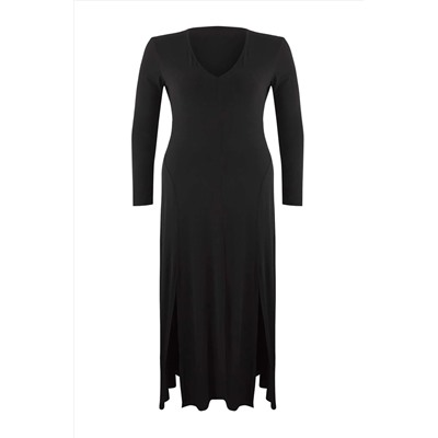 Siyah V Yaka Skater/Belden Açılan Esnek Maxi Örme Elbise TBBAW26AH00017