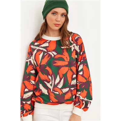 Olalook Kadın Turuncu Yeşil Basic Yumuşak Dokulu Salaş Sweatshirt SWT-19000457