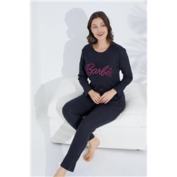 Siyah İnci antrasit pembe baskılı Örme Baskılı Pijama Takım 7702