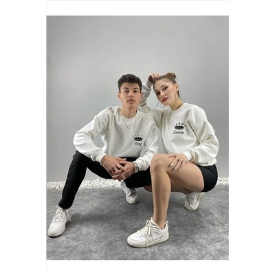 BenisengiydirUnisex Beyaz King Baskılı Oversize Sevgili Çift Kombini 2'li Set