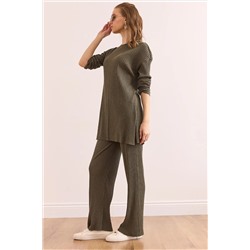 Olalook Kadın Haki Üst Yırtmaçlı Bluz Alt Palazzo Fitilli Takım TKM-19000180
